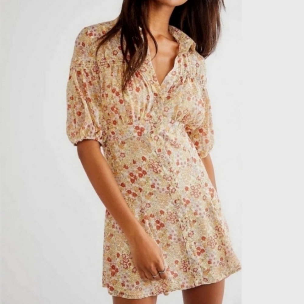 Free People Revolve Bonnie Floral Print 70s Retro Button Front Mini Dress